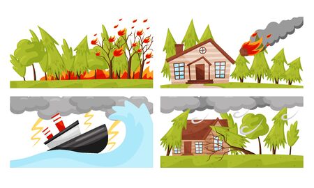 Natural disaster with forest fire and hurricane vector illustrations set