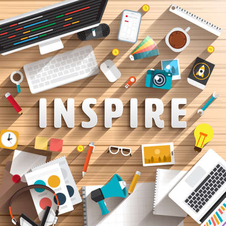 Top view of desk prepare working for text inspire flat design illustration
