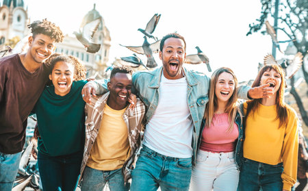 Group of young people hanging out on city street