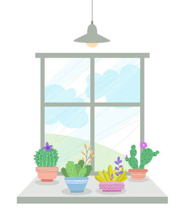 Acogedora ventana con ilustración de vector de cactus