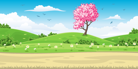 Ilustracja wiosna krajobraz z drzewem
