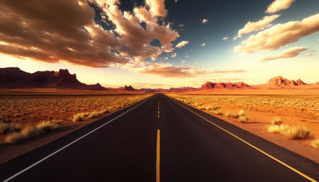 Desert highway under a cloudy sky with scattered white clouds