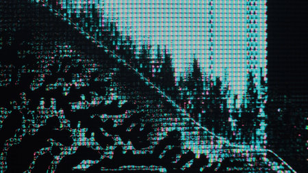 Glitch fluid matrix distortion damaged display iridescent blue pink color glowing pixel liquid crystal grain noise texture on dark black abstract art illustration background