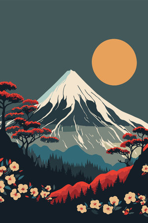 日本の山の風景背景のイラスト、富士山日本のベクター画像スタイルの背景に壁画印刷装飾ポスターデザイン