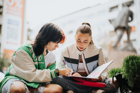 Two friends studying outdoors helping each other with homework after school