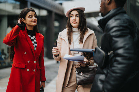 Urban business conversation two women and a man discussing outdoors