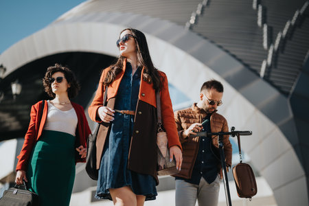 Confident business partners walking in city with modern architecture