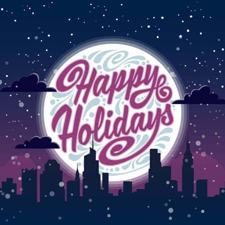 Holiday greeting card with typography on background of night christmas city happy holidays