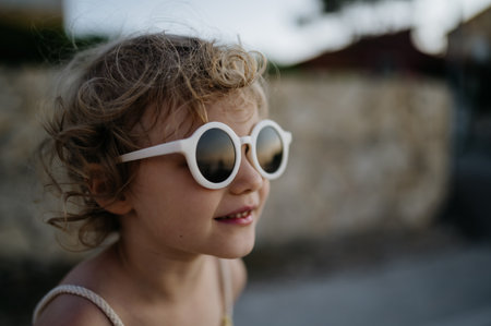 Portrait of blonde girl in summer outfit on walk during summer vacation concept of beach holiday