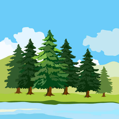Vector illustration landscape image fir trees horizon