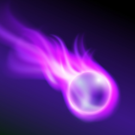 Flying burning ball on purple fire on dark background Vector Illustration