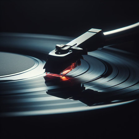 Turntable playing vinyl on dark background close up