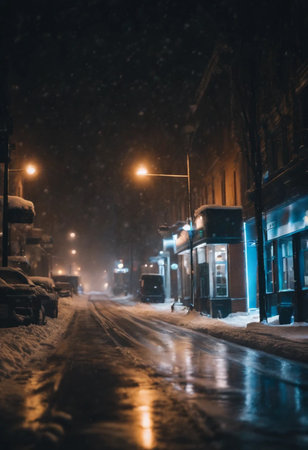 Snowy city street at night with cars and lights long exposure