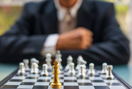 Young business man playing chess selective focus Stock Photo