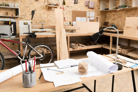 Room interior of wood designer creating manufacture drafts