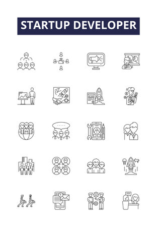 Startup developer line vector icons and signs developer software entrepreneur coding tech founder launch venture outline vector illustration set