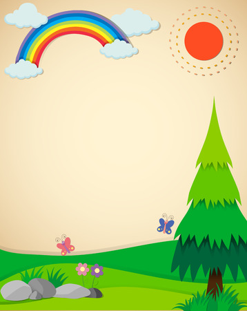 Nature scene with field and rainbow illustration