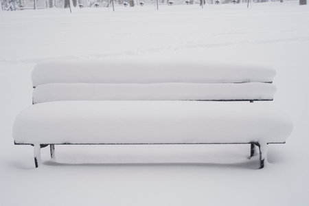 Snow covered bench in park