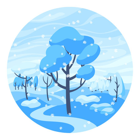 Winter landscape with forest trees and bushes seasonal nature illustration