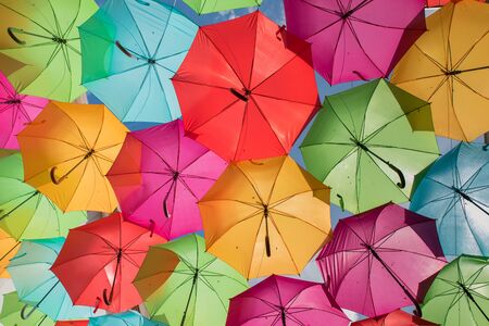 Street with colorful umbrellas in agueda aveiro portugal