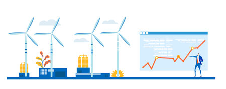 Illustration de concept d'énergie alternative, générateurs d'éoliennes. L'équipe commerciale parle et prend des décisions à côté des turbines d'aile. Banque d'images