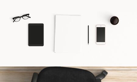 Modern workplace with coffee cup and smartphone or laptop copy space on office table background top view flat lay style Stock Photo