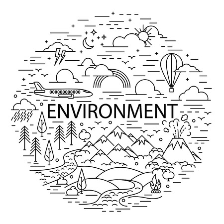 Berge und Hügel, Fluss und Waldlandschaft auf weißem Hintergrund. Flache Linie Stil Umwelt Banner. Vektor-illustration