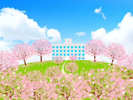桜の学校の背景 写真素材