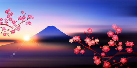 富士山年賀状プラム背景 写真素材