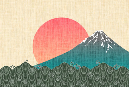 日の出の背景に富士正月カード 写真素材