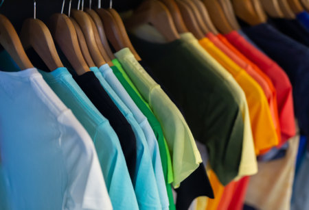 Men clothing shop casual clothes on hangers and shelves in apparel store