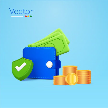 Digital wallet with dollar green check mark coin stacks on the right isolated on background minimal design concept for finance business advertising 3d vector illustration vector illustration