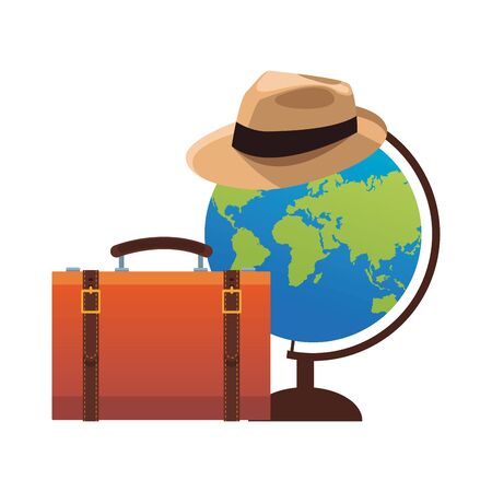 Globus mit Hut und Reisekoffer-Symbol auf weißem Hintergrund, Vektorillustration