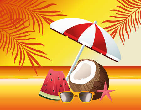 hallo sommersaisonszene mit regenschirm- und kokosnussvektorillustrationsdesign