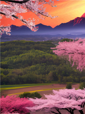 霧のかかった朝の風景と空。雲のある山を背景にピンクの桜の木が咲く枝。早春の桜。ベクターイラスト 写真素材