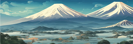 旅行スポーツや精神的なデザインに最適なさまざまな木を持つ日本の富士山のベクターイラスト 桜の木を持つアジアの風光明媚な壁紙 富士山のバナー