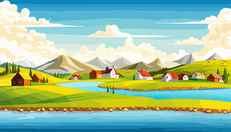 Ilustracja wektorowa domu na wsi otoczonego panoramicznymi łąkami, górami i idyllicznym krajobrazem