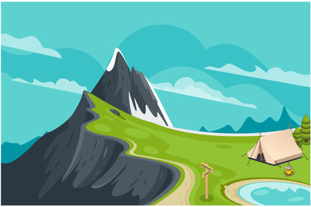 Ilustración de paisaje de día soleado en estilo plano con carpa, fogata, montañas, bosque y agua. Fondo para campamento de verano, turismo de naturaleza, camping o concepto de diseño de senderismo. Camping con tienda de campaña, montañas rocosas, turismo al aire libre