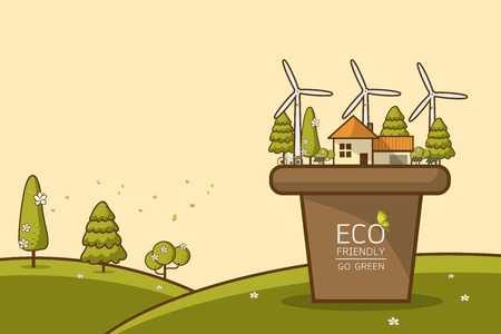 Vector illustration of eco home with of wind turbine bike solar cell house and trees background for save earth day environmental ecology nature protection and pollution concept