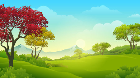 Sunrise landscape with lush green fields vector illustration