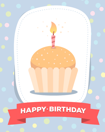Colorful illustration happy birthday template poster with cake with one candle red ribbon text on blue background with dots congratulation and celebration message flat style hand drawn design for greeting card Фото со стока