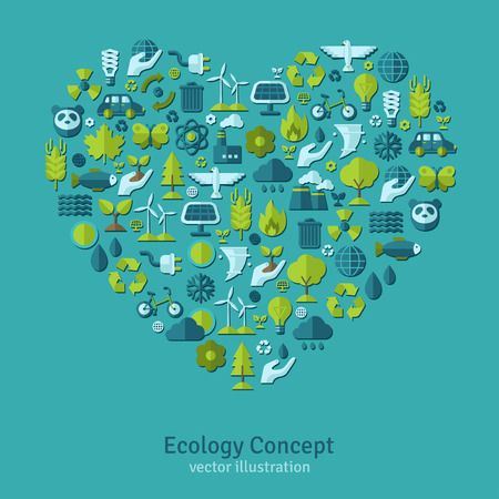 Ecology flat icons arranged in heart vector illustration hand with sprout hand with water drop solar energy sign wind energy sign wild animals save the planet concept Векторная Иллюстрация