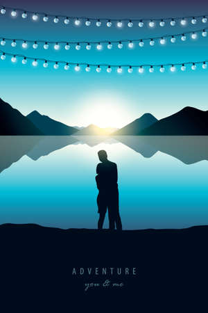 山の景色を望む青い湖の日の出で恋をしている若いカップル