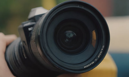 Close up of a camera lens in the hands of a photographer