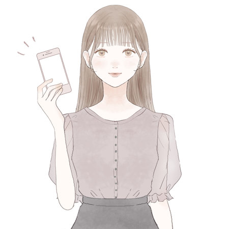 スマートフォンを持っている女性。白い背景に。