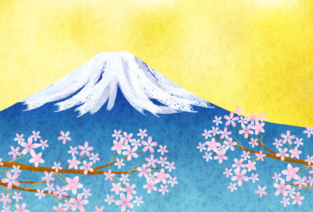 桜の背景に富士日本の年賀状 写真素材