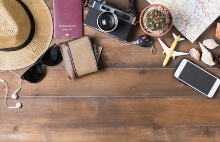 Travel plan trip vacation accessories for trip tourism mockup outfit of traveler on wooden background flat lay Stock Photo