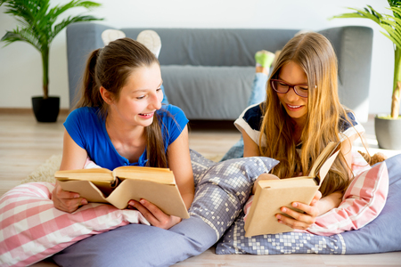 Two girl studying at home