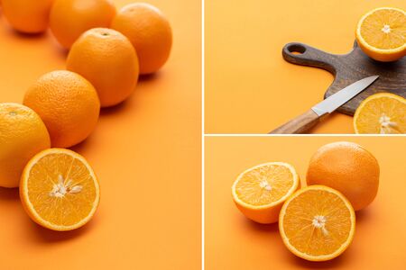 Collage of ripe juicy whole and cut oranges with knife and wooden cutting board on colorful background