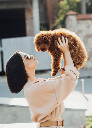 La joven morena es una feliz dueña de un caniche de juguete de perro pelirrojo, una chica adulta sosteniendo en las manos a su mascota de cuatro patas Foto de archivo